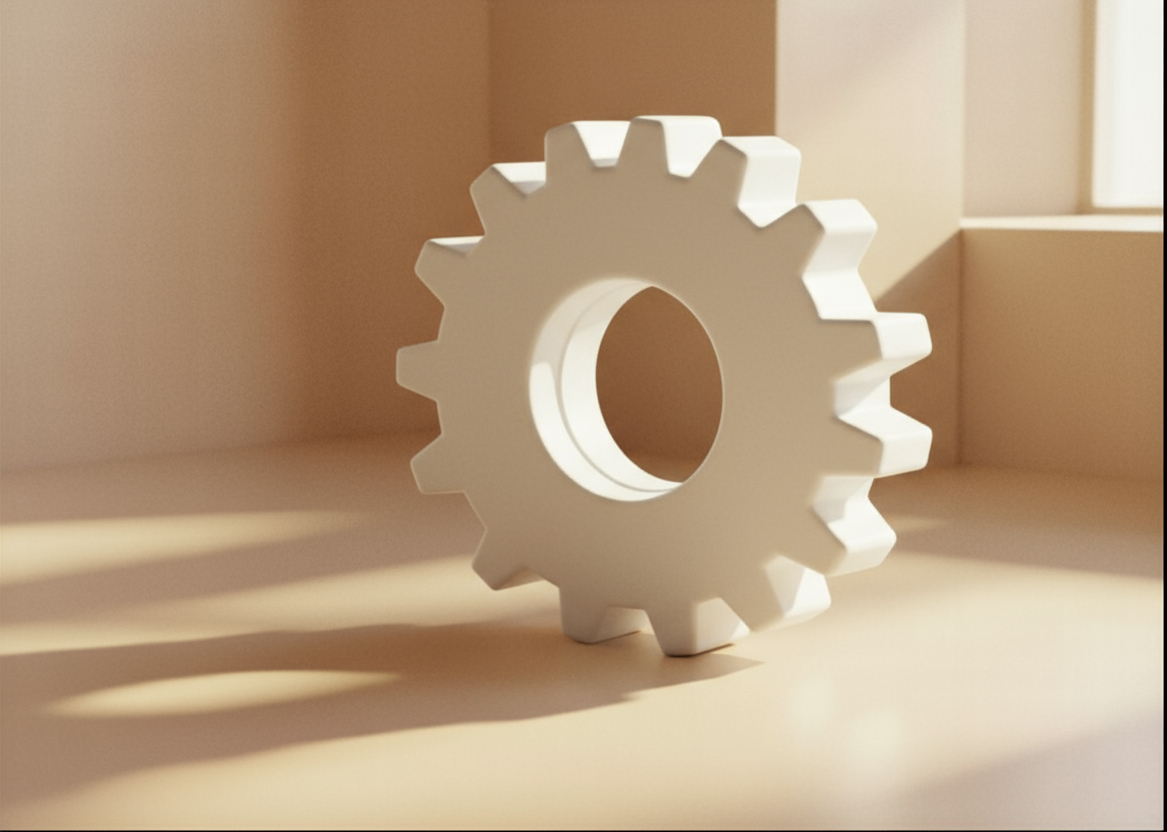 A render of three white cylindrical columns, against a warm creme background
